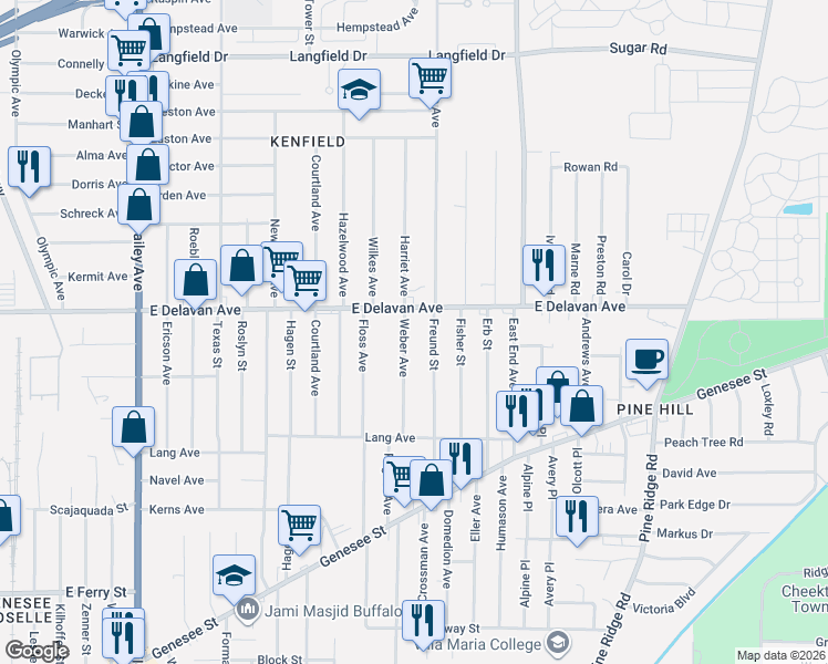 map of restaurants, bars, coffee shops, grocery stores, and more near 1463 East Delavan Avenue in Buffalo