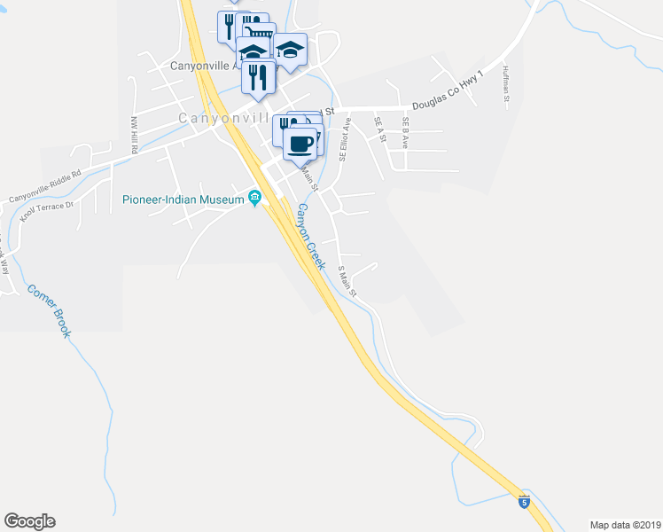 map of restaurants, bars, coffee shops, grocery stores, and more near 754 South Main Street in Canyonville
