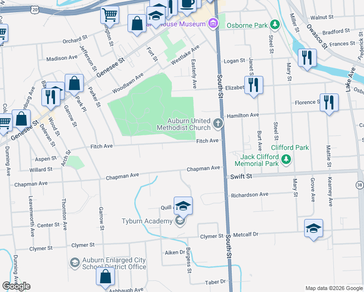 map of restaurants, bars, coffee shops, grocery stores, and more near 30 Fitch Avenue in Auburn