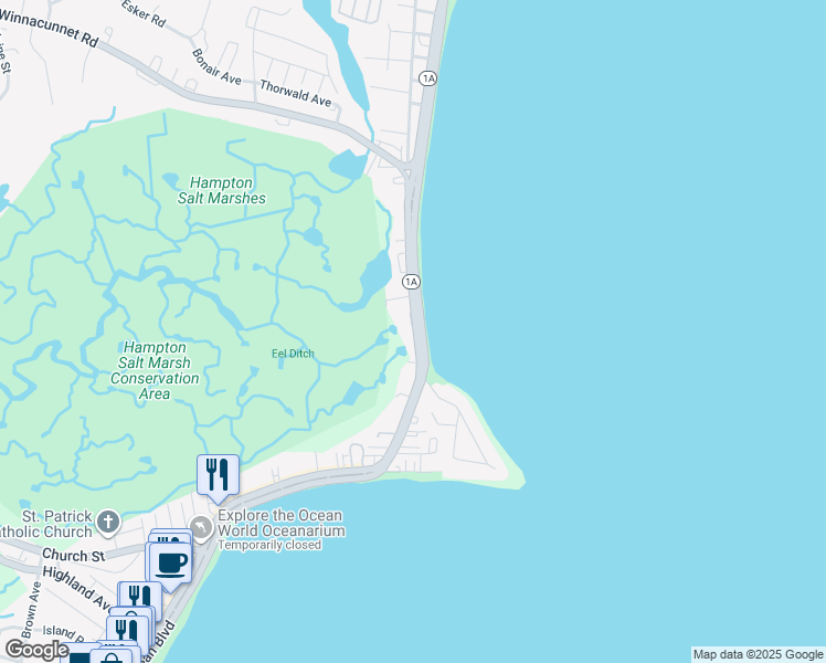 map of restaurants, bars, coffee shops, grocery stores, and more near 561 Ocean Boulevard in Hampton