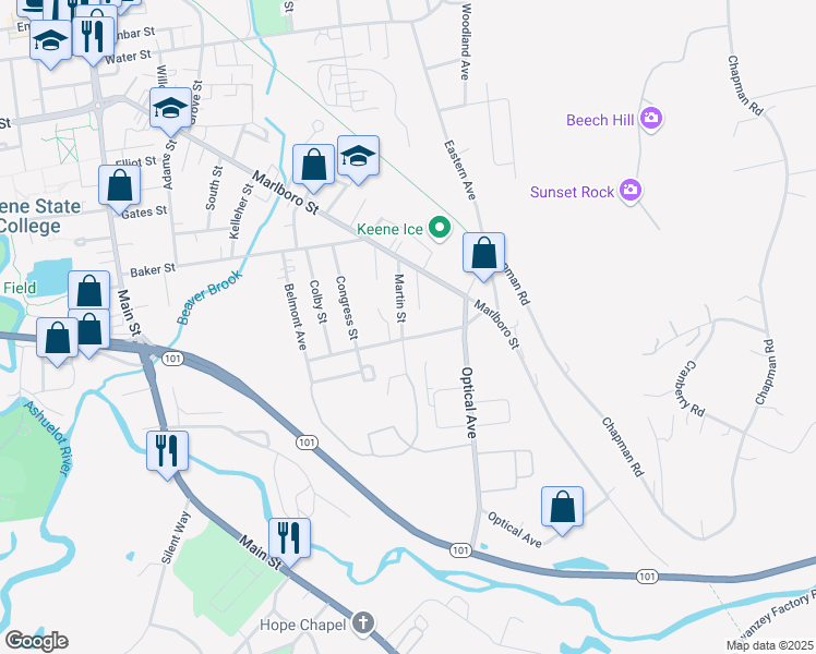 map of restaurants, bars, coffee shops, grocery stores, and more near 54 Martin Street in Keene