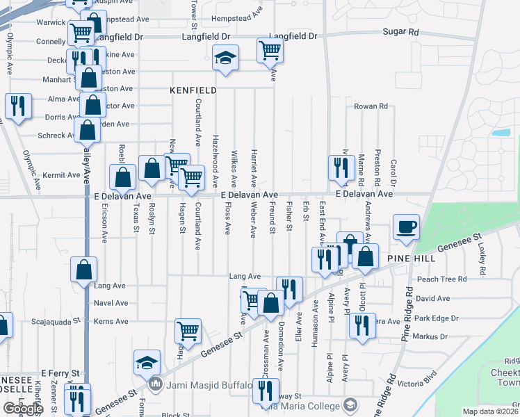 map of restaurants, bars, coffee shops, grocery stores, and more near 1463 East Delavan Avenue in Buffalo