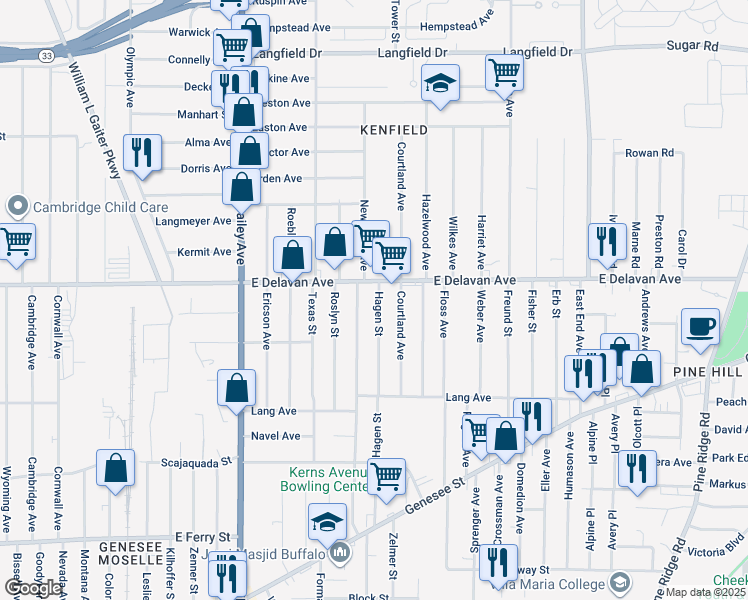 map of restaurants, bars, coffee shops, grocery stores, and more near 1303 East Delavan Avenue in Buffalo