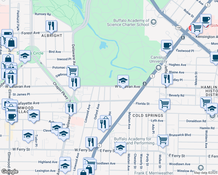 map of restaurants, bars, coffee shops, grocery stores, and more near in Buffalo