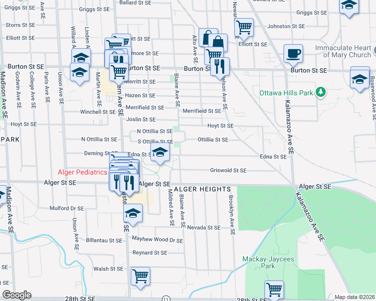 map of restaurants, bars, coffee shops, grocery stores, and more near 1002 Ottillia Street Southeast in Grand Rapids