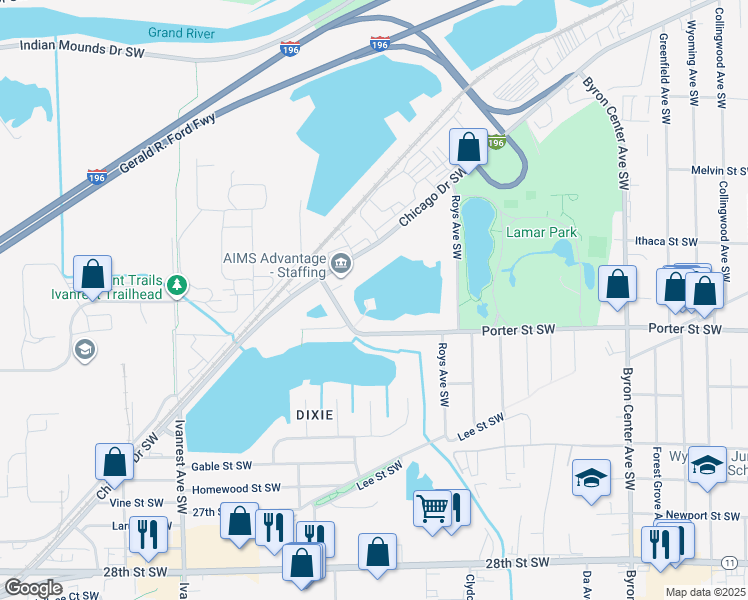 map of restaurants, bars, coffee shops, grocery stores, and more near 2860 Chicago Dr SW in Wyoming