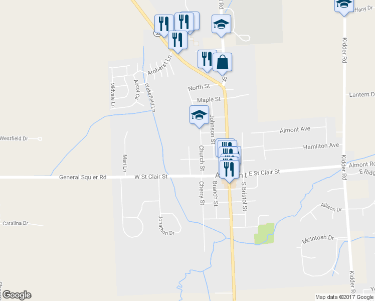 map of restaurants, bars, coffee shops, grocery stores, and more near 223 Day Street in Almont