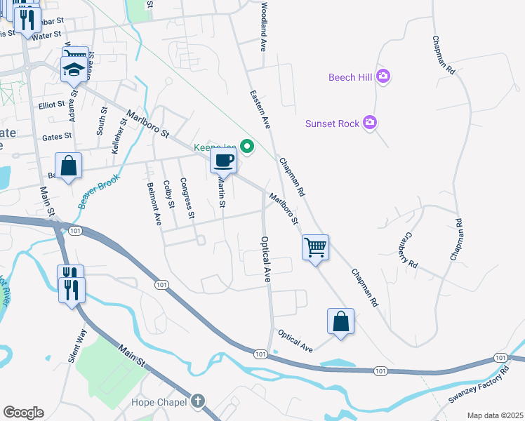 map of restaurants, bars, coffee shops, grocery stores, and more near 0 Optical Avenue in Keene
