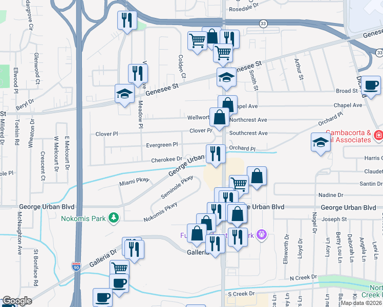 map of restaurants, bars, coffee shops, grocery stores, and more near 1000 George Urban Boulevard in Buffalo