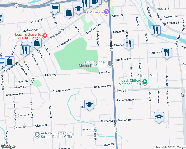 map of restaurants, bars, coffee shops, grocery stores, and more near 28 Fitch Avenue in Auburn