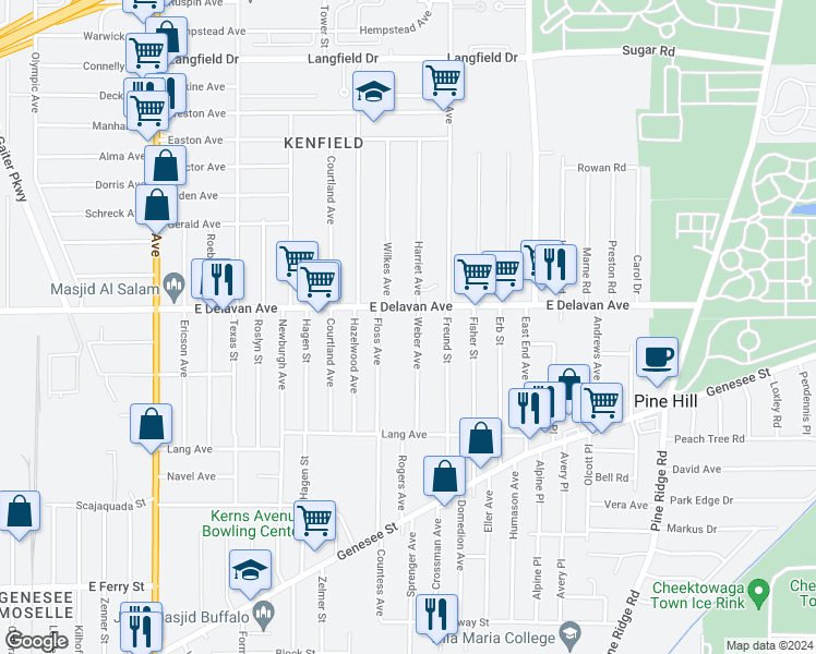 map of restaurants, bars, coffee shops, grocery stores, and more near 110 Weber Avenue in Buffalo