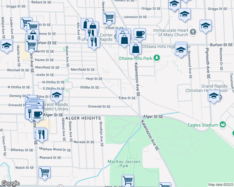 map of restaurants, bars, coffee shops, grocery stores, and more near 2270 Nelson Avenue Southeast in Grand Rapids