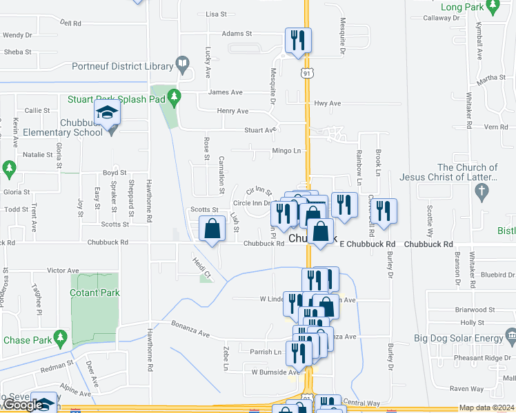 map of restaurants, bars, coffee shops, grocery stores, and more near 211 Circle Inn in Chubbuck