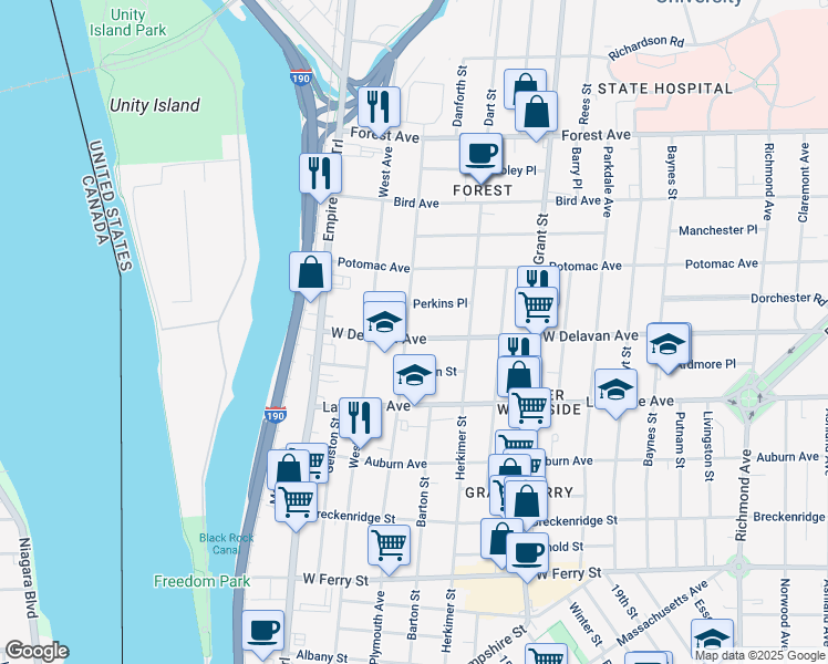 map of restaurants, bars, coffee shops, grocery stores, and more near 148 West Delavan Avenue in Buffalo