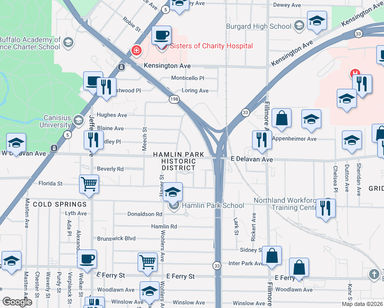 map of restaurants, bars, coffee shops, grocery stores, and more near 310 East Delavan Avenue in Buffalo