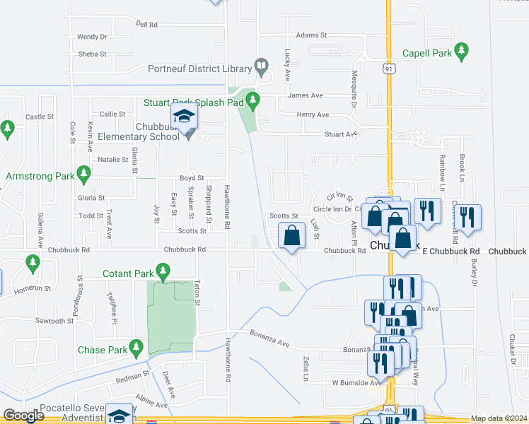 map of restaurants, bars, coffee shops, grocery stores, and more near 330 West Chubbuck Road in Pocatello