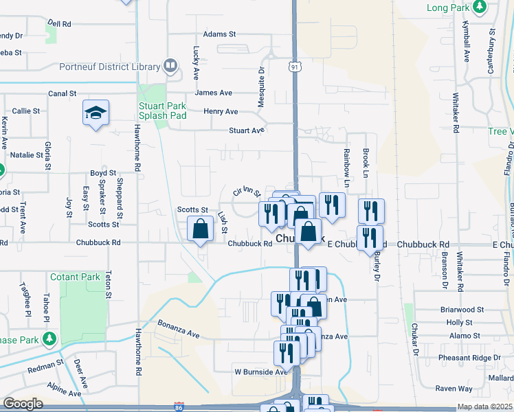 map of restaurants, bars, coffee shops, grocery stores, and more near 174 Circle Inn Drive in Chubbuck