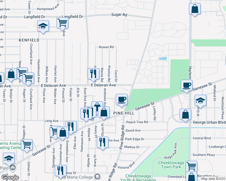 map of restaurants, bars, coffee shops, grocery stores, and more near 1635 East Delavan Avenue in Buffalo