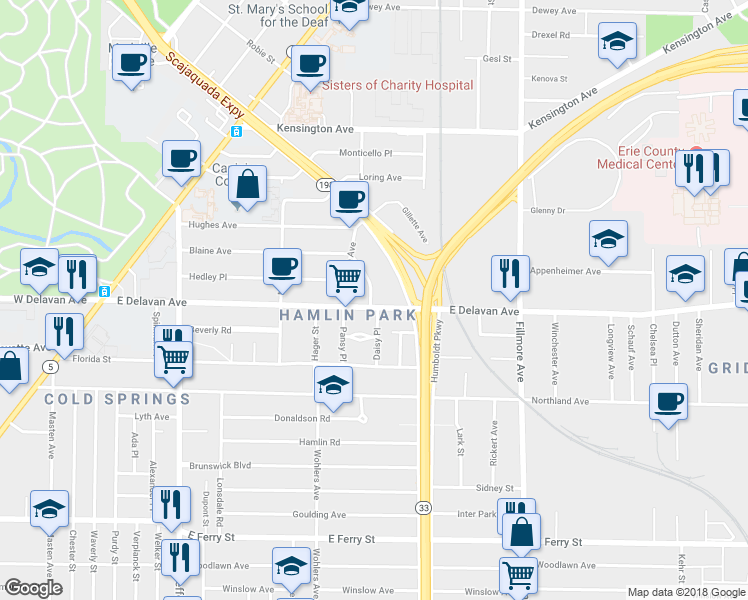 map of restaurants, bars, coffee shops, grocery stores, and more near 241 Blaine Avenue in Buffalo