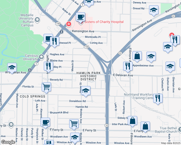 map of restaurants, bars, coffee shops, grocery stores, and more near 241 Blaine Avenue in Buffalo
