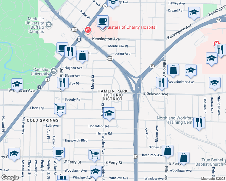 map of restaurants, bars, coffee shops, grocery stores, and more near 241 Blaine Avenue in Buffalo