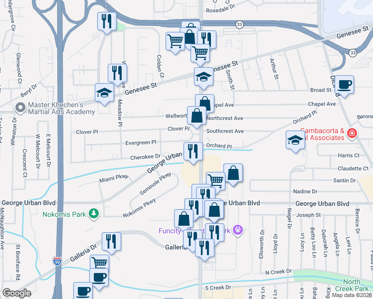 map of restaurants, bars, coffee shops, grocery stores, and more near 217 Evergreen Place in Buffalo