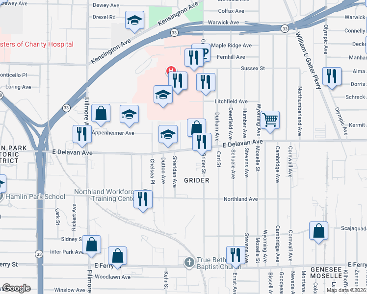 map of restaurants, bars, coffee shops, grocery stores, and more near 706 East Delavan Avenue in Buffalo
