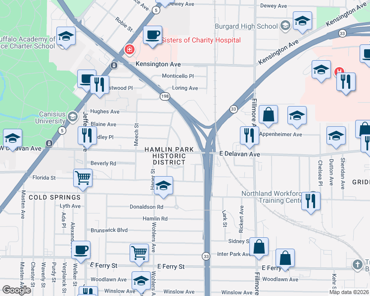 map of restaurants, bars, coffee shops, grocery stores, and more near 241 Blaine Avenue in Buffalo