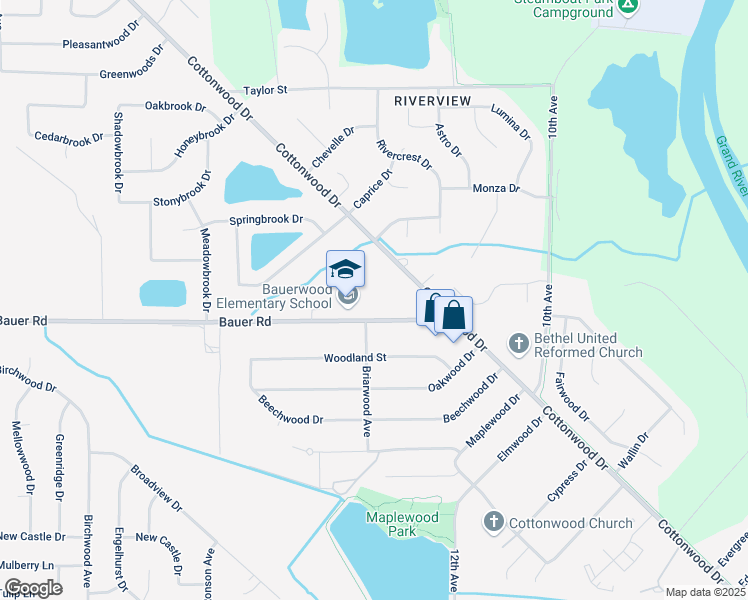 map of restaurants, bars, coffee shops, grocery stores, and more near 1443 Bauer Road in Georgetown Township