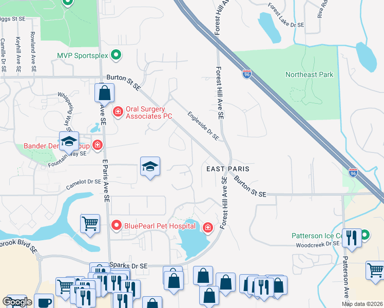 map of restaurants, bars, coffee shops, grocery stores, and more near 4340 Burton Street Southeast in Grand Rapids