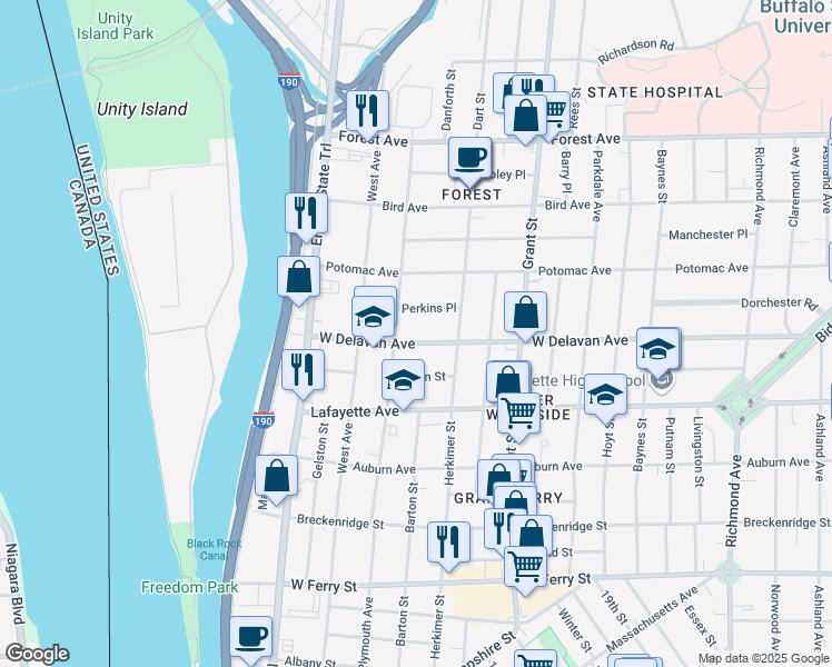 map of restaurants, bars, coffee shops, grocery stores, and more near 148 West Delavan Avenue in Buffalo