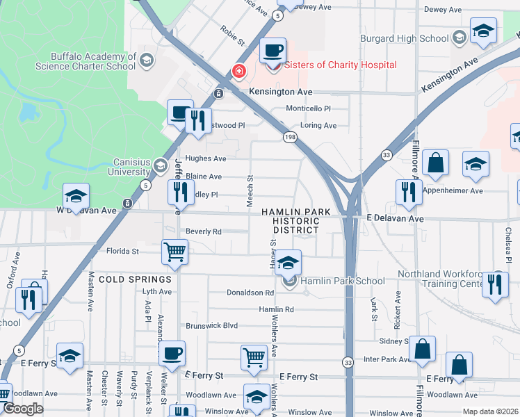 map of restaurants, bars, coffee shops, grocery stores, and more near in Buffalo