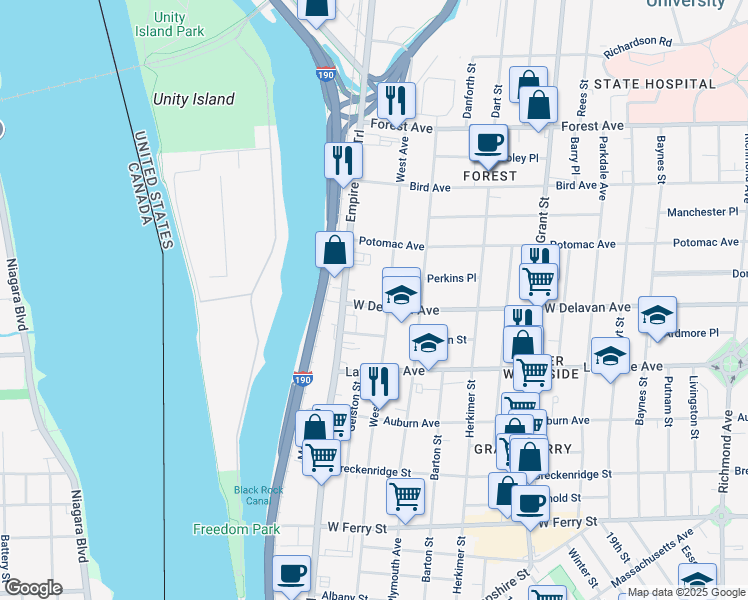 map of restaurants, bars, coffee shops, grocery stores, and more near 66 West Delavan Avenue in Buffalo