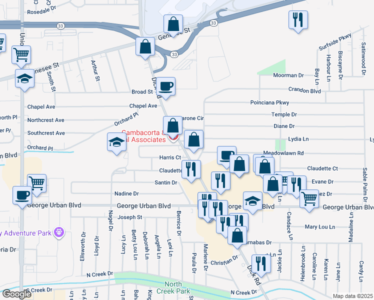 map of restaurants, bars, coffee shops, grocery stores, and more near 25 Lydia Lane in Buffalo
