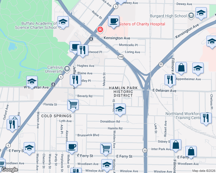 map of restaurants, bars, coffee shops, grocery stores, and more near in Buffalo