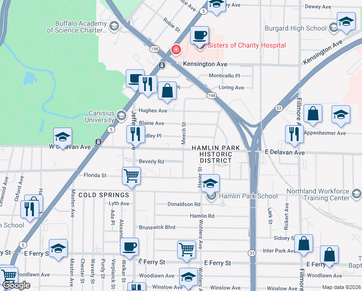 map of restaurants, bars, coffee shops, grocery stores, and more near 180 East Delavan Avenue in Buffalo