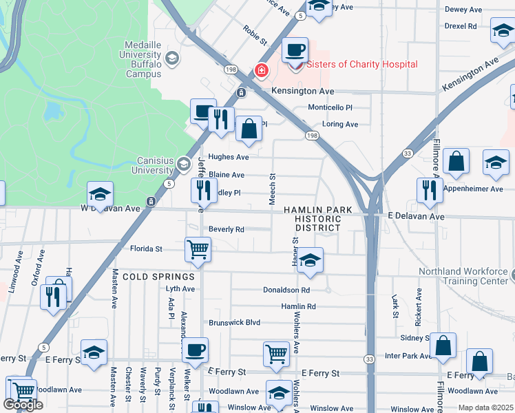 map of restaurants, bars, coffee shops, grocery stores, and more near 180 East Delavan Avenue in Buffalo