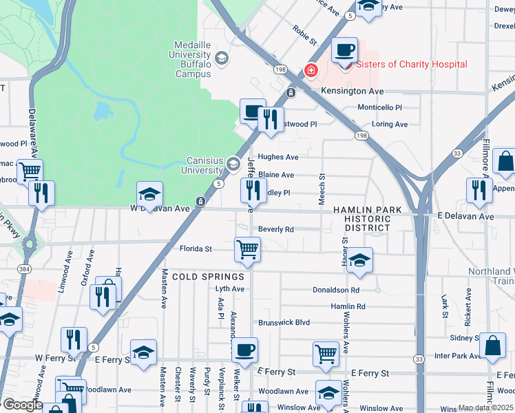 map of restaurants, bars, coffee shops, grocery stores, and more near 98 East Delavan Avenue in Buffalo