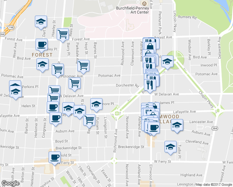 map of restaurants, bars, coffee shops, grocery stores, and more near 470 West Delavan Avenue in Buffalo