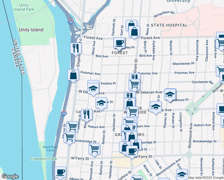 map of restaurants, bars, coffee shops, grocery stores, and more near 357 Herkimer Street in Buffalo