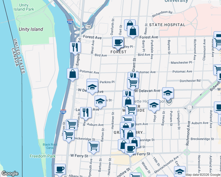 map of restaurants, bars, coffee shops, grocery stores, and more near 357 Herkimer Street in Buffalo