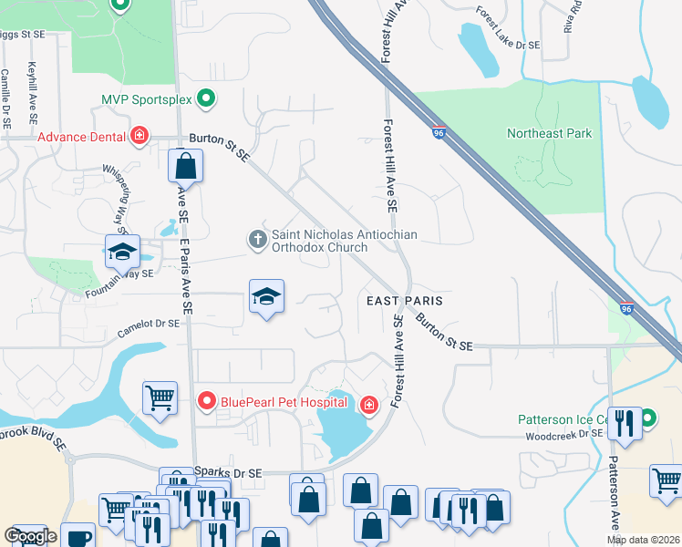 map of restaurants, bars, coffee shops, grocery stores, and more near 4340 Burton Street Southeast in Grand Rapids