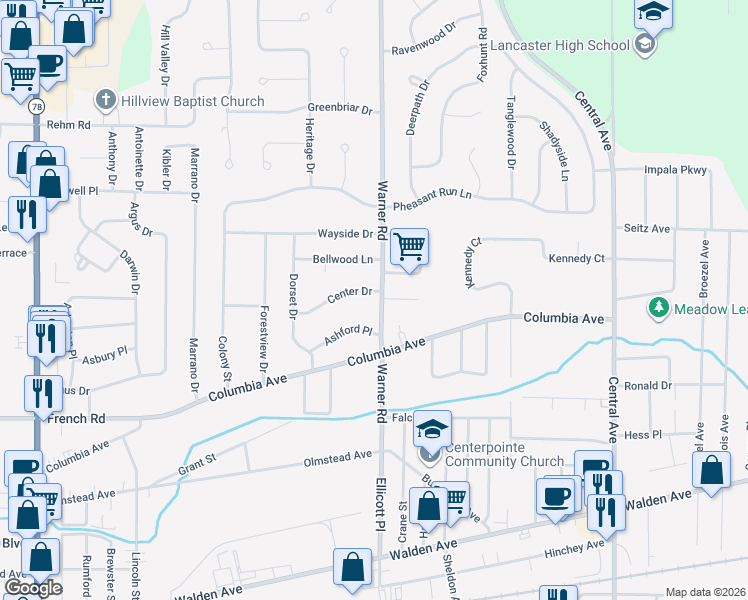 map of restaurants, bars, coffee shops, grocery stores, and more near 95 Center Drive in Depew