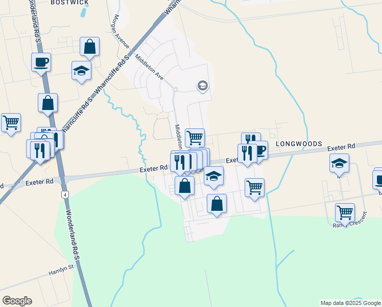 map of restaurants, bars, coffee shops, grocery stores, and more near 150 Exeter Road in London