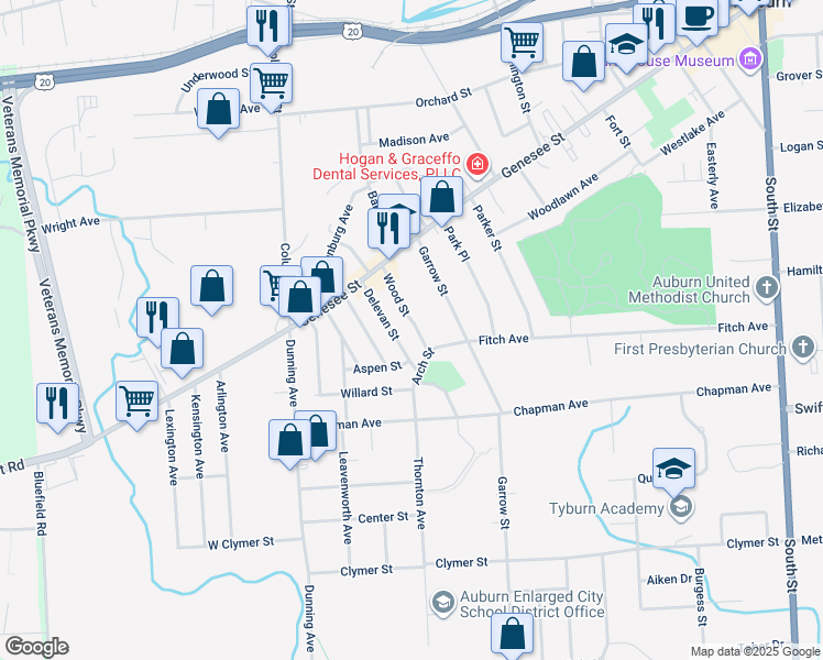 map of restaurants, bars, coffee shops, grocery stores, and more near 37 Wood Street in Auburn