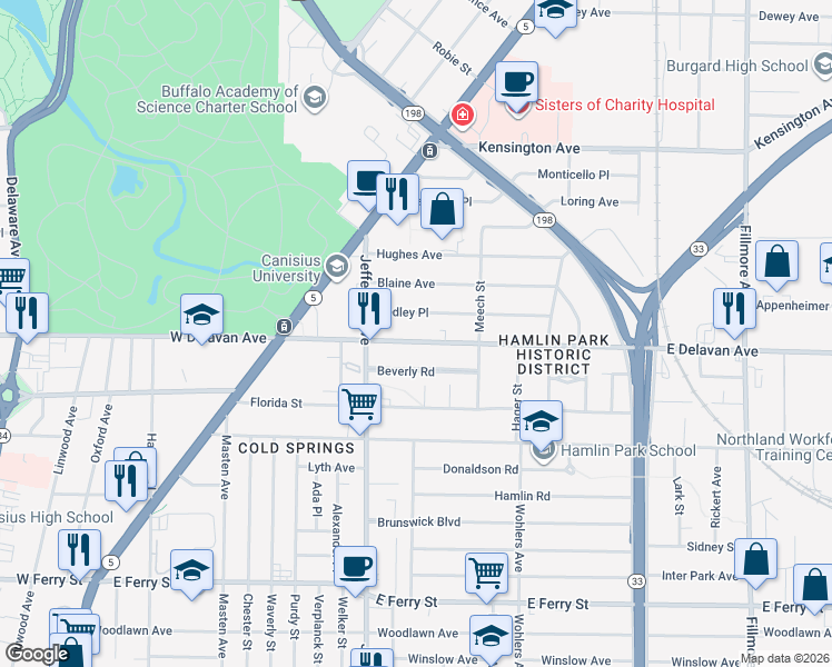 map of restaurants, bars, coffee shops, grocery stores, and more near 138 East Delavan Avenue in Buffalo