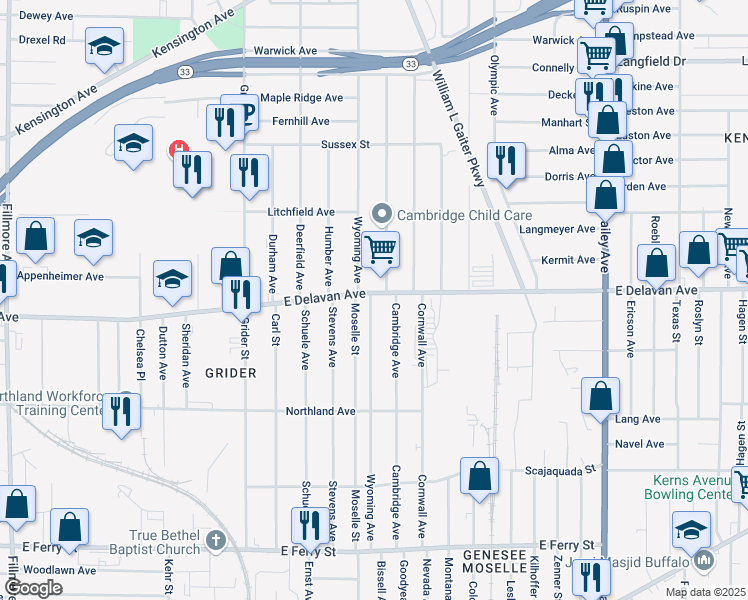 map of restaurants, bars, coffee shops, grocery stores, and more near 899 East Delavan Avenue in Buffalo
