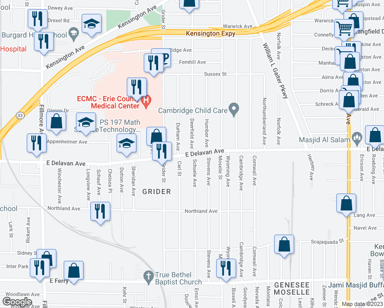 map of restaurants, bars, coffee shops, grocery stores, and more near East Delavan Avenue & Deerfield Avenue in Buffalo