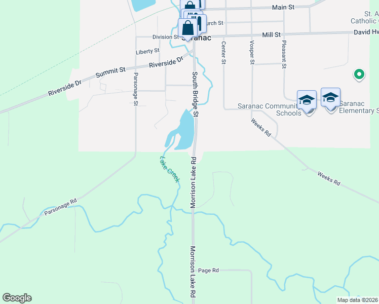 map of restaurants, bars, coffee shops, grocery stores, and more near 393 South Bridge Street in Saranac