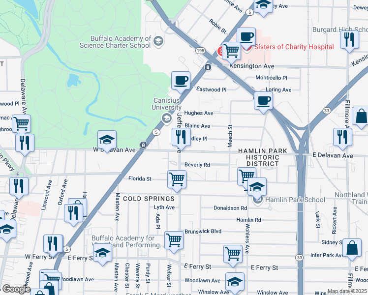 map of restaurants, bars, coffee shops, grocery stores, and more near 98 East Delavan Avenue in Buffalo